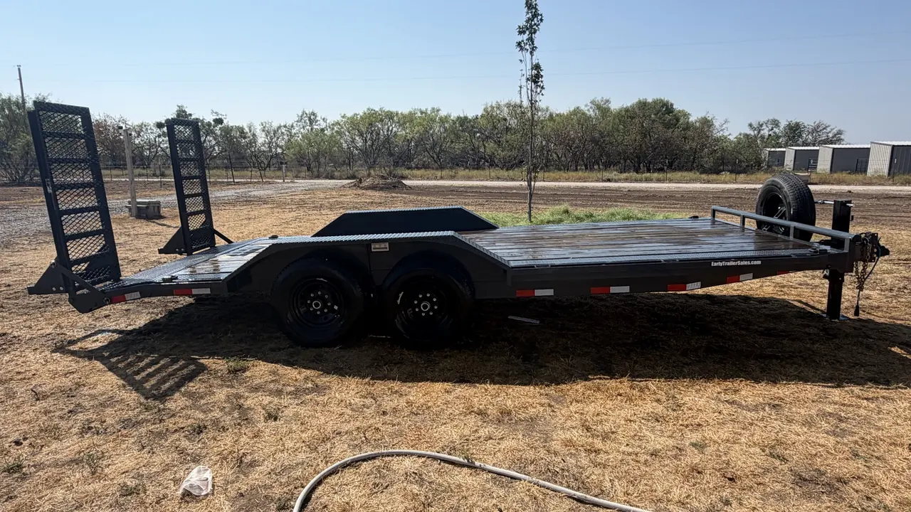 APEX 20' Car Hauler trailer — full side profile with the ramps stood up.