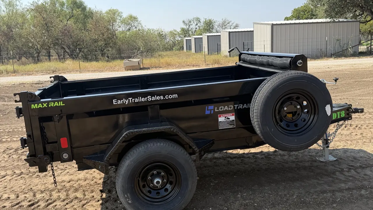APEX 8' × 18&Prime; Dump trailer — side profile with the tarp roll.