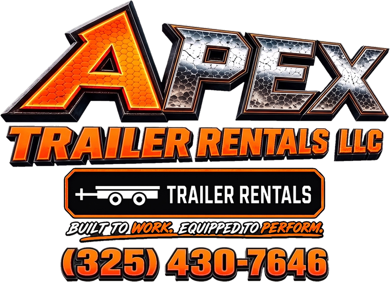 APEX Trailer Rentals LLC logo lockup with the tagline Built to Work. Equipped to Perform. and phone number (325) 430-7646.